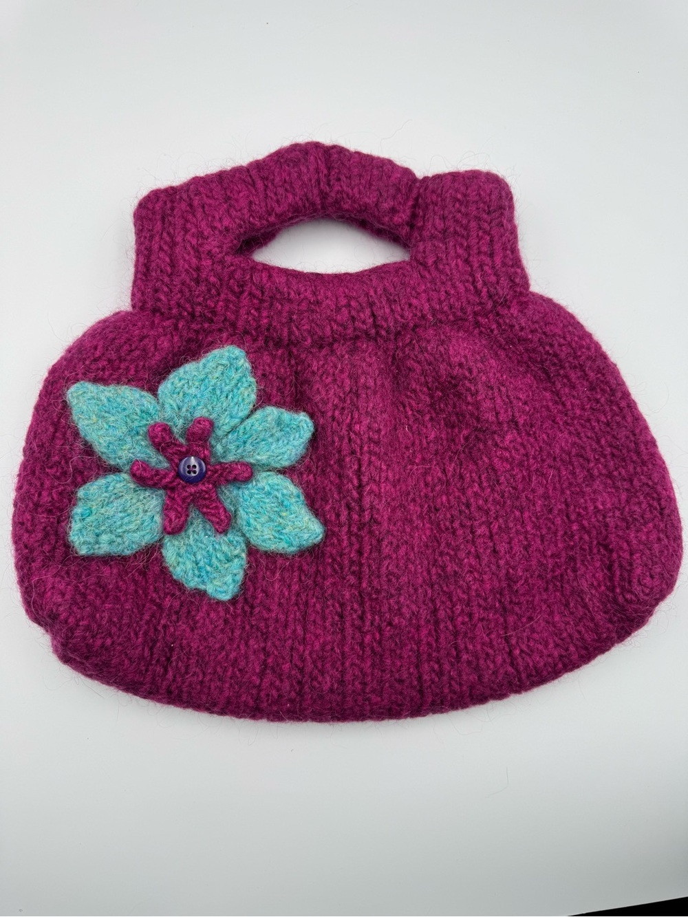 Handknit Raspberry Pink Wool Blend Tote with Teal Flower Accent